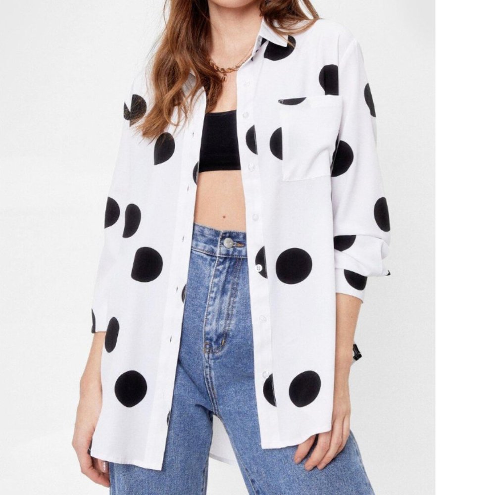NEW Nastygal Oversized White & Black Polka Dot Satin Blouse Size S